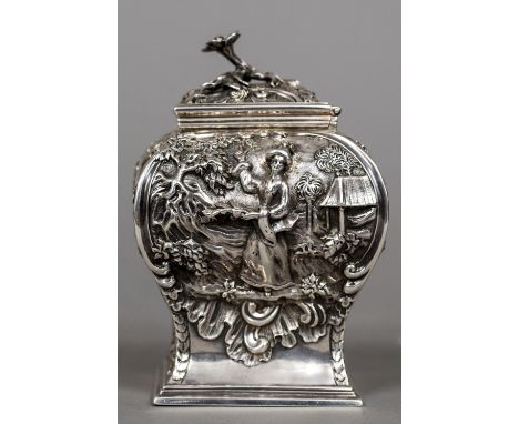 A George II silver chinoiserie tea caddy, hallmarked London 1753, maker's mark of William Cripps Of square inverted pear form