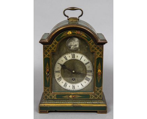 An early 20th century chinoiserie lacquered mantel clockThe moulded domed top with brass loop handle above the silvered dial 