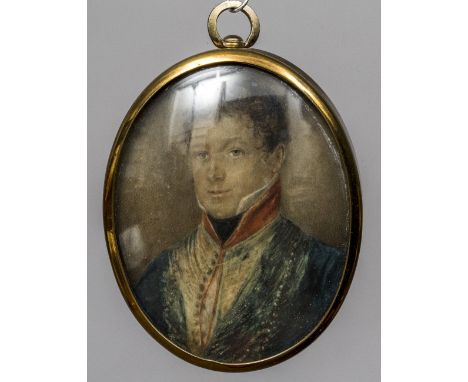 A 19th century portrait miniature on ivoryDepicting a young military officer, mounted in a brass frame with suspension loop. 