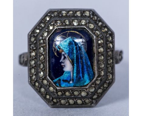 CAMILLE FAURE (1874-1956) French, for Limoges, a white metal marcasite set and enamelled ringWorked with a portrait of the Vi