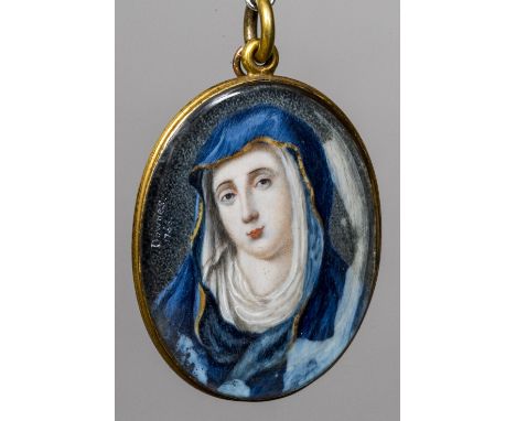 A miniature portrait on ivoryDepicting the Madonna, signed Downes 1766, set in a gilt brass mount with suspension loop.  7.5 