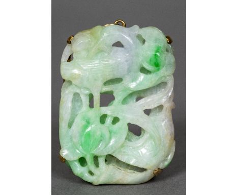 An unmarked gold framed pierced jade pendantCarved with a bird amongst foliage.  5 cm high.    CONDITION REPORTS:  Generally 