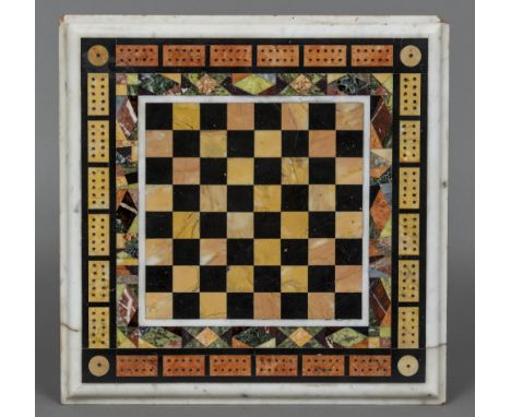 A late 19th/early 20th century specimen marble table topInset with chess and cribbage boards.  35.5 cm wide.    CONDITION REP