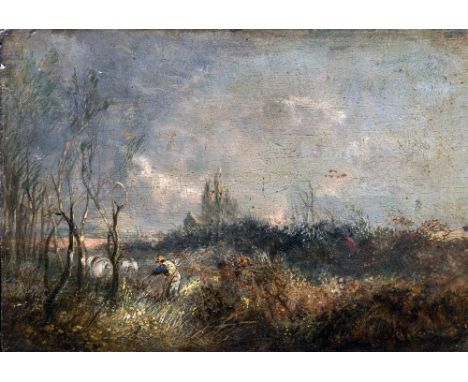 Circle of JOHN CONSTABLE (1776-1837) BritishThe Ploughing TeamOil on panel24 x 17 cm, unframed   CONDITION REPORTS:  Generall