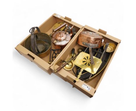 Quantity of brass and copper metalware to include kettle and pan, fireside accessories, horse figure etc, contents in two box