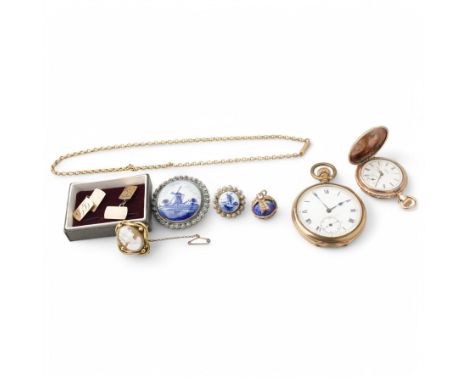 Elgin gold plated full hunter ladies fob watch, together with a gold plated pocket watch, silver and 9ct gold cufflinks and o