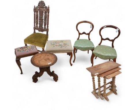 Pair of Victorian walnut balloon back dining chairs, decorated with floral carvings (W47cm, H87cm); 20th century cabriole leg
