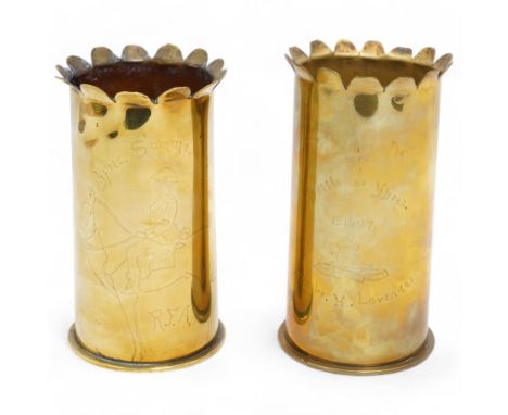 First World War trench art - two artillery shells, with fluted rim, decorated with Battle of Ypres 1916-1917 cavalry scenes, 