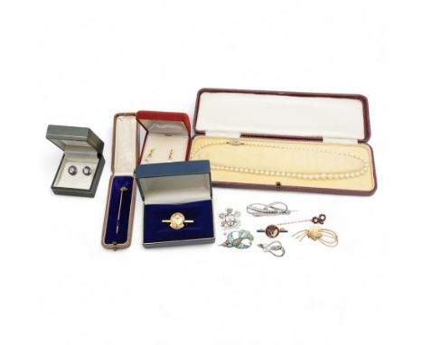 Gold single stone old cut diamond stick pin, stamped 15ct, pair of 9ct gold crystal pendant stud earrings, silver brooches in