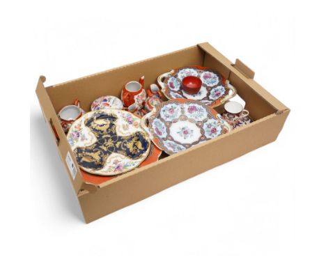 Kutani geisha ware tea service, three twin handled cake stands, Royal Crown Derby teacup and saucer, etc