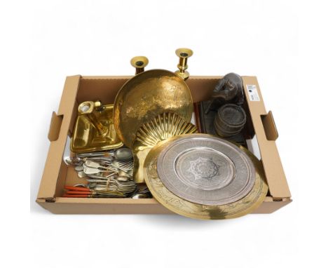 Indian and Chinese metal plates, two brass candlesticks, bronzed figure of a cooper, large collection of silver plated cutler