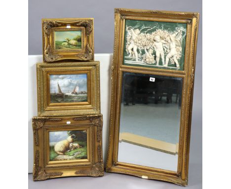 A gilt frame pier glass inset with a bevelled plate, &amp; with composition figure scene panel above (slight faults), 42” x 2