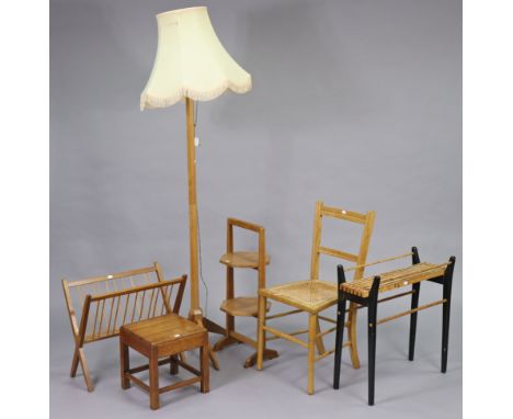 A light oak standard lamp having a five-sided tapered centre column &amp; on three splay legs, with shade; together with an o