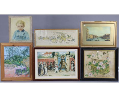 A large coloured Louis Wain print "The Good Puss", in glazed oak frame, &amp; various other decorative paintings &amp; prints