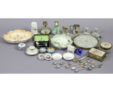 A Coalport bone china figure “Sarah Jane”; a Royal Adderley china bird ornament; various plated souvenir teaspoons; a part dr