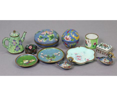 Eight various cloisonné ornaments; together with two enamelled trinket boxes; &amp; a ditto miniature coffee pot.
