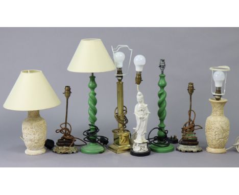 Six various table lamp bases, &amp; various artificial flowers.