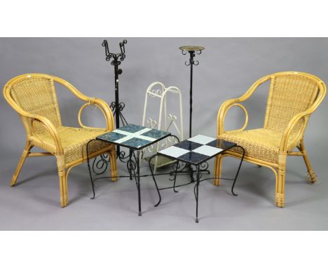 A pair of wicker chairs; two iron tile-top occasional tables; iron stands &amp; an iron umbrella stand.