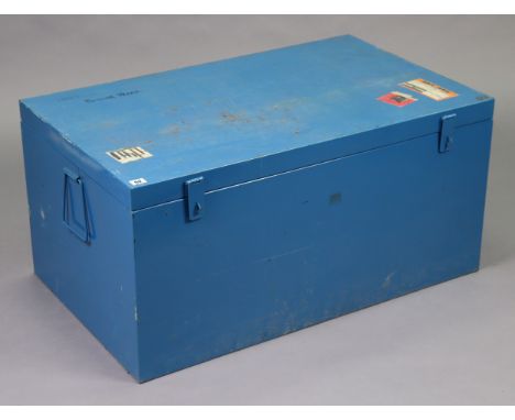 A blue-finish metal travelling trunk with a hinged lift-lid, &amp; with iron side handles, 37¾” wide x 18” high x 23” deep.
