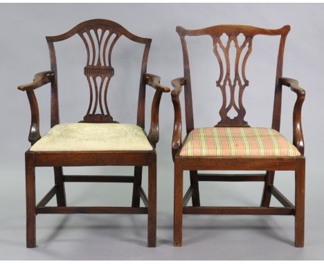 A Chippendale-style elm elbow chair with pierced splay back, open arms &amp; padded drop-in seat, on square chamfered legs; &