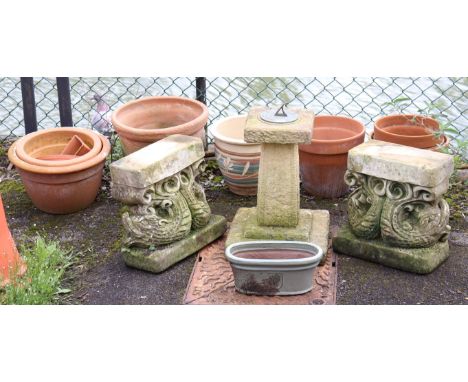 A reconstituted-stone &amp; bronzed garden sundial, 20” high; a pair of reconstituted-stone garden-bench supports, &amp; vari