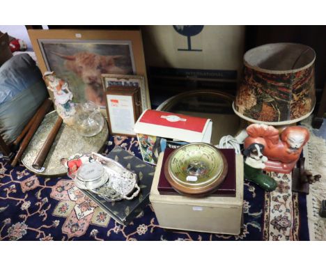 A brass tray occasional table, 15” diameter; together with a circular wall mirror; a table lamp; &amp; sundry other items.