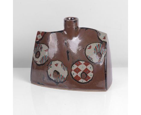 Stoneware, twisted rectangular form tapering to the shoulder, rich persimmon glaze, grey roundels with Okinawa style red and 