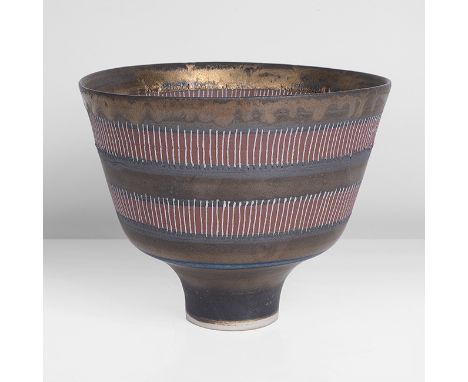 Porcelain, golden manganese glaze, two terracotta bands crossed with vertical sgraffito lines, a dark terracotta ring in the 