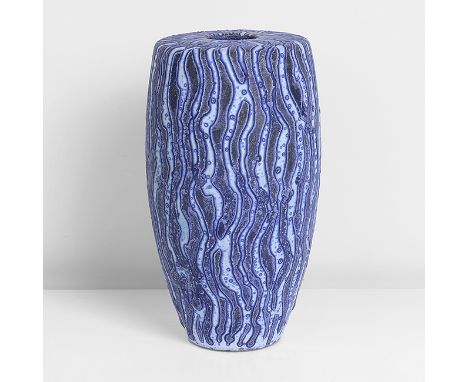 Stoneware, undulating bands of mottled blue and white glazes, the narrow form with flattened shoulder, impressed PFB and make