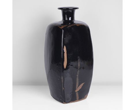 Stoneware, rectangular body with layered rich tenmoku over iron glazes, crawling in areas to reveal the body beneath, impress