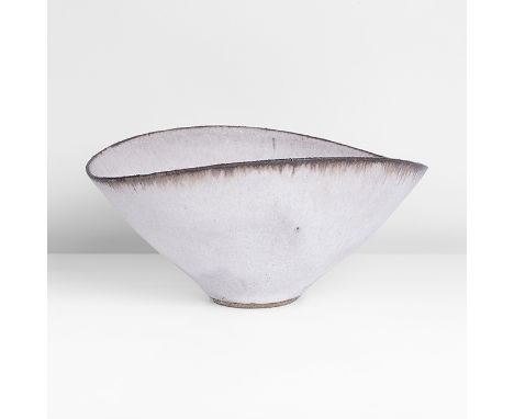 Stoneware, matt grey white glaze with dry manganese band around the rim feathering to the exterior, squeezed to an oval at th