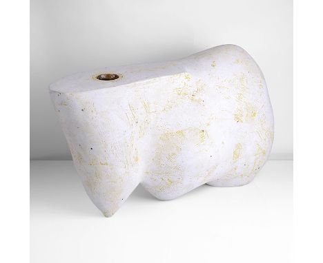 Earthenware, layered white and yellow dry glazes with flashes of blue over a textured and incised surface, an iron speckle in