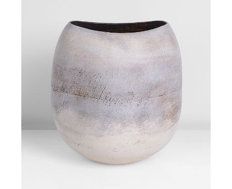 Stoneware, layered white porcelain slips and engobes over a body with diagonal texture to the surface and incised linear desi