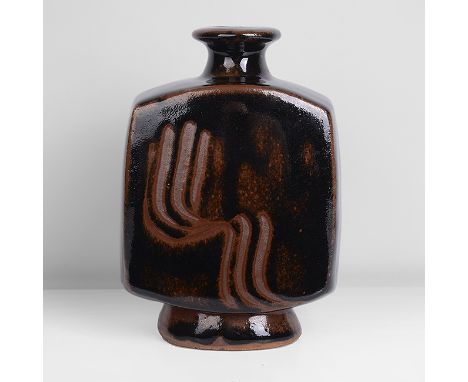 Stoneware, layered tenmoku over iron glaze with finger wipe motif front and back, impressed BL and Leach Pottery sealsH 19.5c