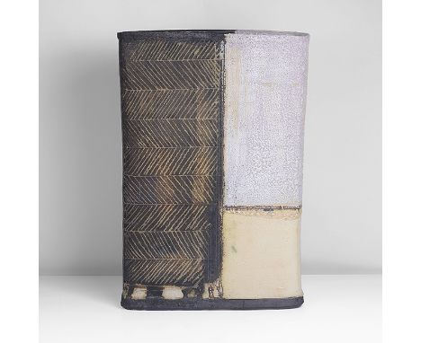 Stoneware, tall rectangular form with layered slips and brushed and volcanic glazes in cream, white, yellow and black, with i
