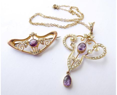 An Amethyst and Split Pearl Pendant, stamped '9CT' on chain (a.f.), chain length 43cm; and A Brooch, stamped '9CT', length 3.