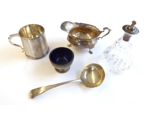 A Collection of Silver, including: a sauceboat on three pad feet and with leaf-capped handle, with an associated Old English 
