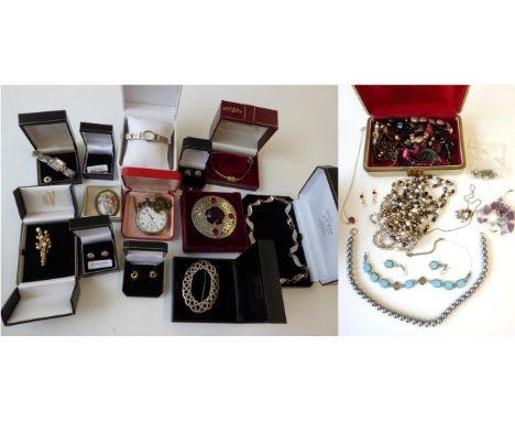 A Pair of 9 Carat Gold Earrings; A Pair of Cultured Pearl Earrings, stamped '585'; and A Quantity of Costume Jewellery, inclu