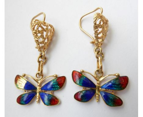 A Pair of Enamel Butterfly Drop Earrings, stamped '750', drop length 4cm (a.f.).  Gross weight 6.4 grams 