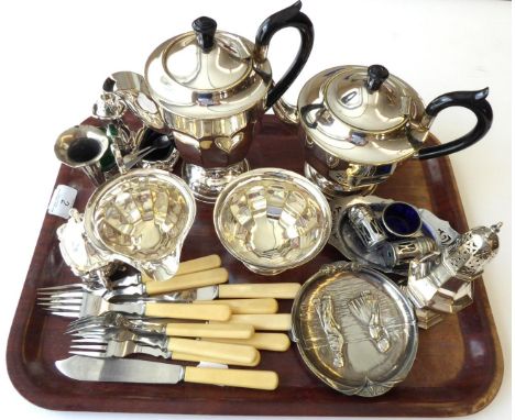 A Collection of Silver and Silver Plate, including: a set of condiment items; a green glass scent bottle in silver case; a fo