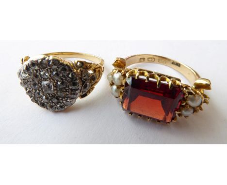 A Diamond Cluster Ring, stamped '18CT', finger size L1/2; and An 18 Carat Gold Garnet and Split Pearl Ring, finger size L (2)