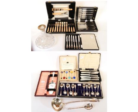 A Collection of Silver and Silver Plate Cased Flatware, including: tea-knives; coffee-spoons with enamel bowls and carved bea