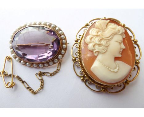 A Cameo Brooch, in a scroll frame stamped '9CT', measures 3.2cm by 3.8cm; and An Amethyst and Seed Pearl Brooch, length 2.7cm