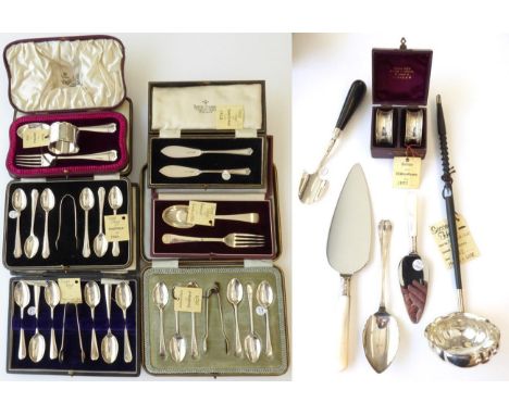 A Quantity of Silver Flatware, including: three cased sets of six silver teaspoons with sugar-tongs en suite;  cased pair of 