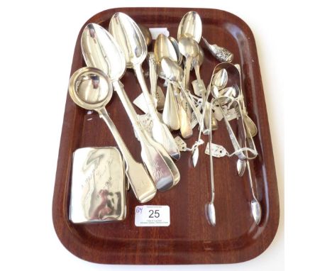 A Collection of Assorted Silver Flatware, Various Maker's and Dates, including: a pair of Fiddle pattern sugar-tongs; a pair 