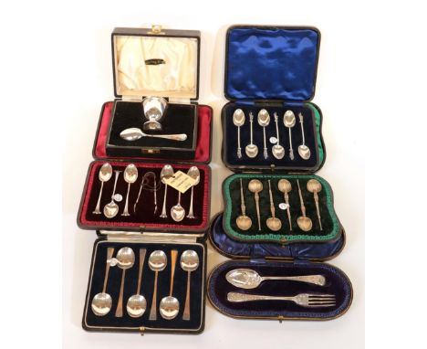 A Quantity of Silver Flatware, including: a cased set of six silver-gilt copies of the annointing spoons, by Edward Barnard, 