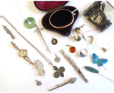 A 9 Carat Gold Paste Set Bangle; a Jade Disc; and A Quantity of Costume Jewellery, including enamel brooches, rings, jet neck