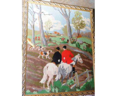Framed embroidery depicting hunting scene