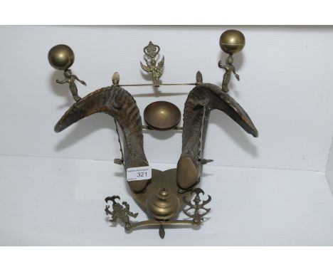 Horn and brass desk stand with brass astray, pen rack and ink well