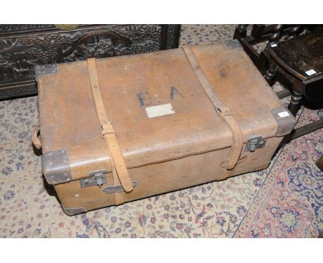 Large vintage trunk with leather binding and initials EA